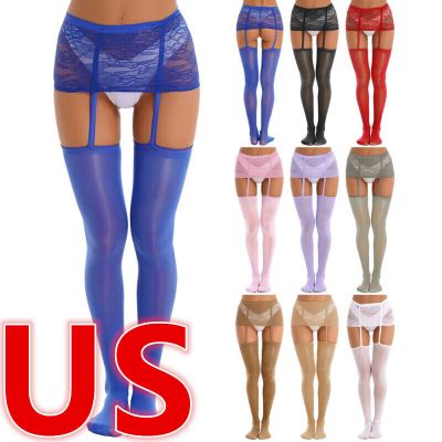 US Women Sexy Lace Mini Skirts Thigh High Stockings +Suspender Garter Belts Club